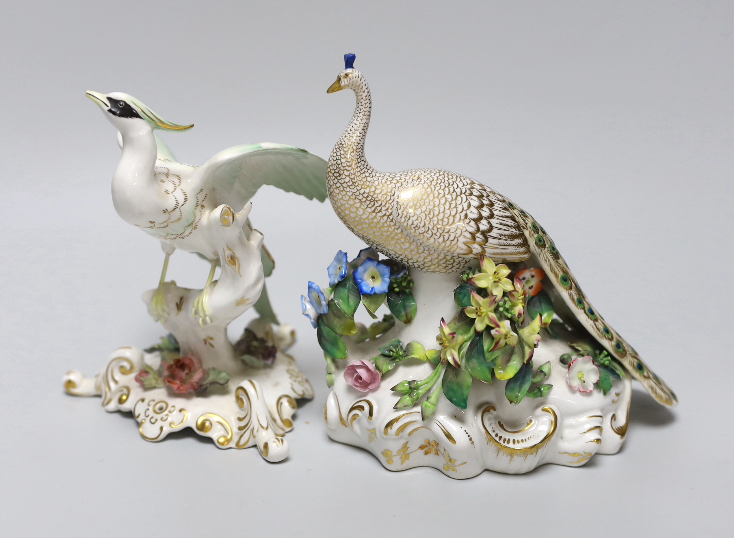 A King Street Derby peacock, 17cm, and a Royal Crown Derby bird
